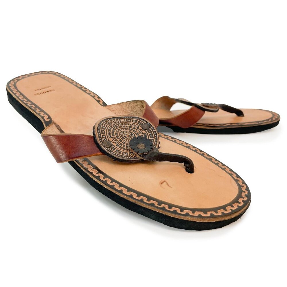 Leather Flat Boho Medallion Flip Flop Sandals Hecho En Mexico size 7